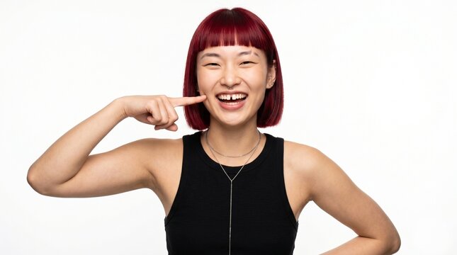 Smiling Asian woman pointing finger at her gap teeth over white background