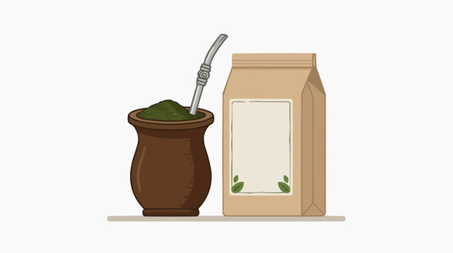 Traditional Yerba Mate drink preparation with gourd and bombilla straw next to a bag of dried leaves