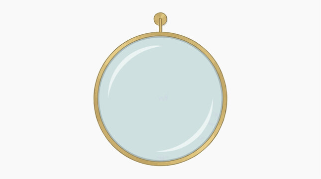 A simple round wall mirror with a thin gold frame and a light blue reflective surface hanging from a hook on a white background