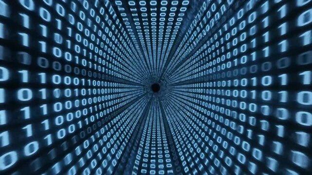 Abstract blue binary code tunnel digital data stream.
