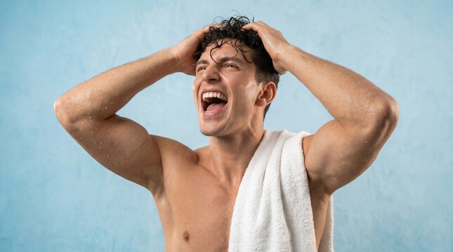 Energetic young man shouting with joy while messing his wet hair after shower isolated on blue background