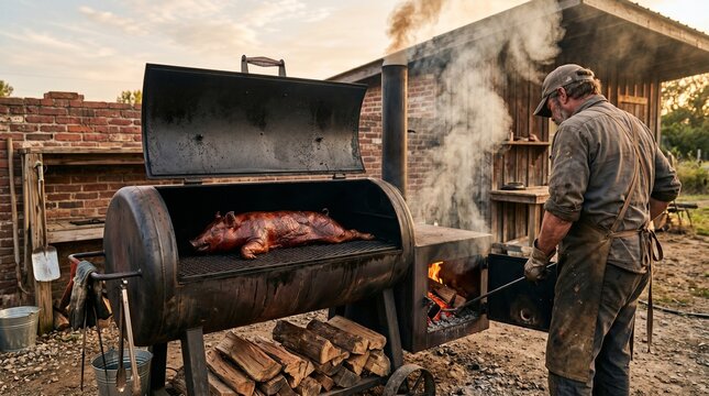 Man griller cooking whole pig on large offset smoker at backyard. Pitmaster monitoring charcoal fire in rustic smokehouse. Outdoor barbecue food preparation for celebration meal.