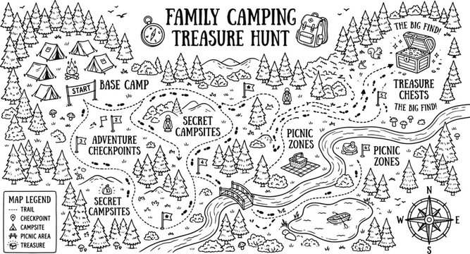 Kids scavenger hunt outdoor activity map background with secret campsites line art