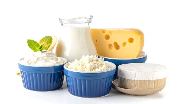 Dairy delights cheese, milk, cottage cheese, sour cream, and brie arranged in blue ramekins on a white background
