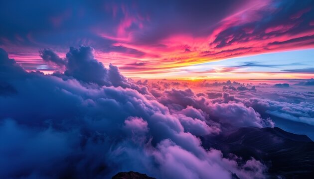 Breathtaking mountain sunset above the clouds