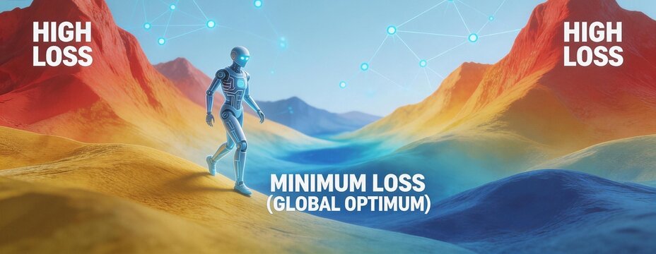 The concept of optimization is visualized with a digital human navigating a landscape of hills and valleys, labeled High Loss and Minimum Loss (Global Optimum), representing complex data.
