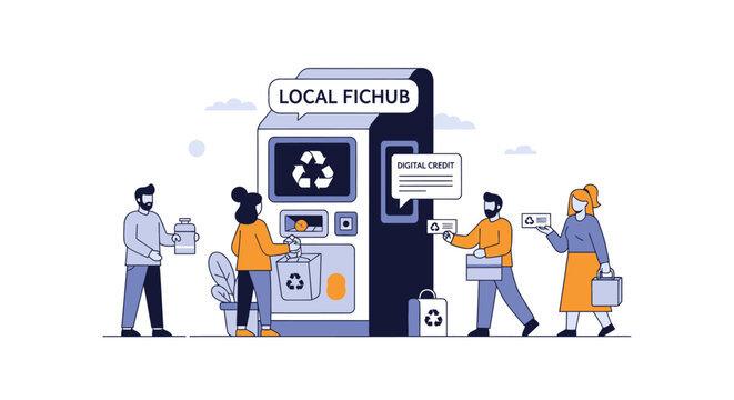 Smart recycling machine vector illustration with people returning plastic bottles for digital credits. Sustainability, eco-friendly community hub and circular economy concept.