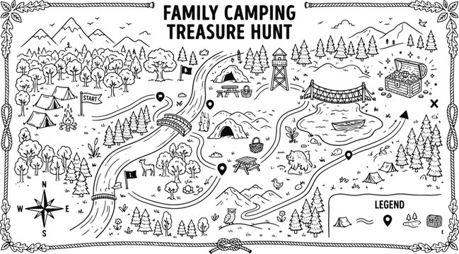 Family camping treasure hunt map vector with forest, river and chest line art illustration