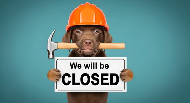 Cute chocolate labrador puppy wearing a construction hard hat holding a hammer and a sign that says we will be closed