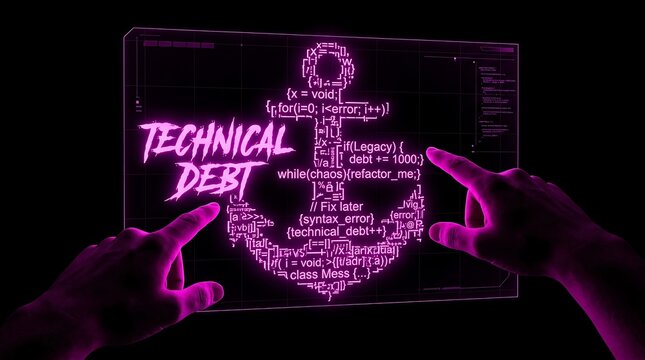 Concept of technical debt in software development represented by an anchor made of code.