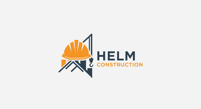 Helm Construction Logo: Hard Hat, Crane, and Building Abstract Elements