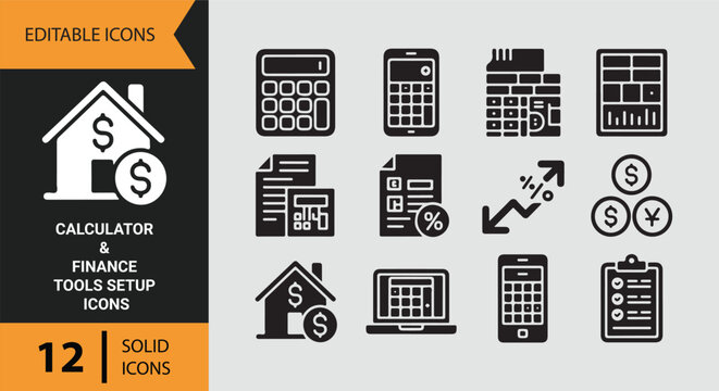 Calculator Finance Tools Setup for Budget Management and Analysis Icons