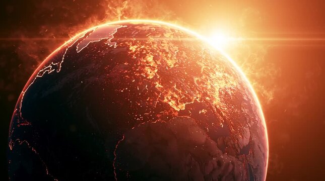 Conceptual view of an overheating planet illuminated by intense solar radiation, symbolizing climate change, global warming and environmental crisis