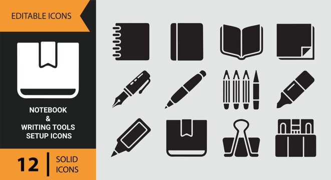 Notebook Writing Tools Setup for Creative Planning and Organization Icons