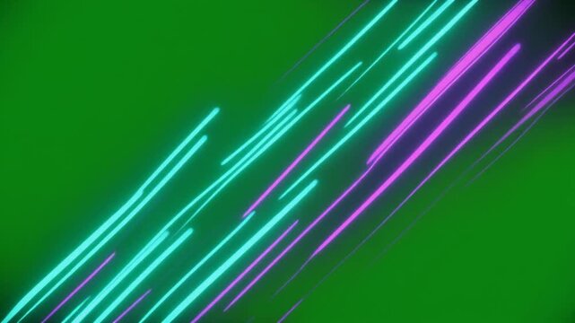 Abstract neon speed lines vector background icon with glowing cyan and purple diagonal stripes on green screen concept