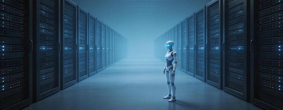 A lone humanoid robot stands at the end of a vast, blue-lit server room, surrounded by rows of towering computer racks, suggesting an AI navigating a digital world or data center.