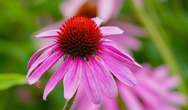 Purple echinacea flower with open petals blossom in the garden in nature, colorful herb flower