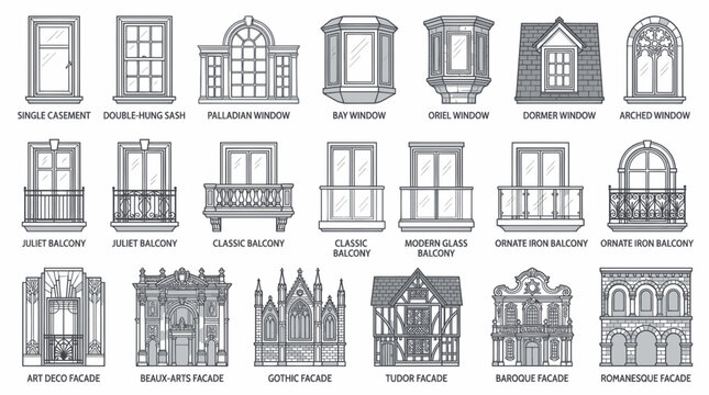 Collection of Architectural Window and Balcony Designs, Vintage and Modern Styles