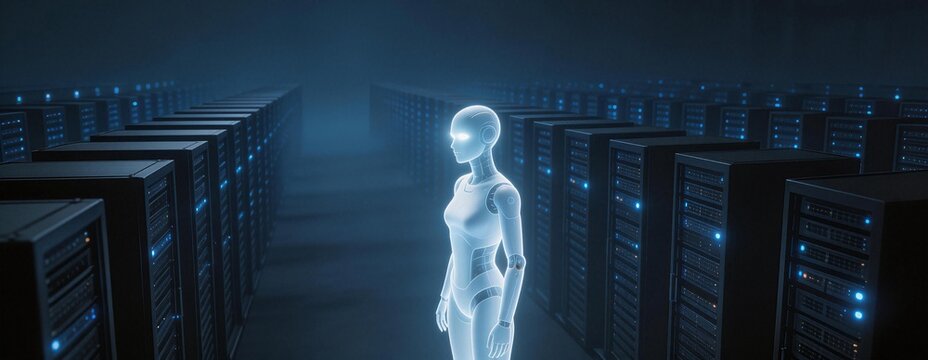 A digital entity stands amidst rows of glowing servers, a representation of artificial intelligence and data processing in a futuristic setting.