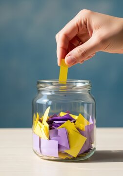 Person Hand Picking a Yellow Paper Slip from a Glass Jar for Lottery, Raffle, or Lucky Draw Concept