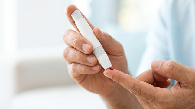 Person performing a finger prick blood glucose test using a lancet device. Diabetes monitoring, healthcare management, prevention and medical diagnostics concept