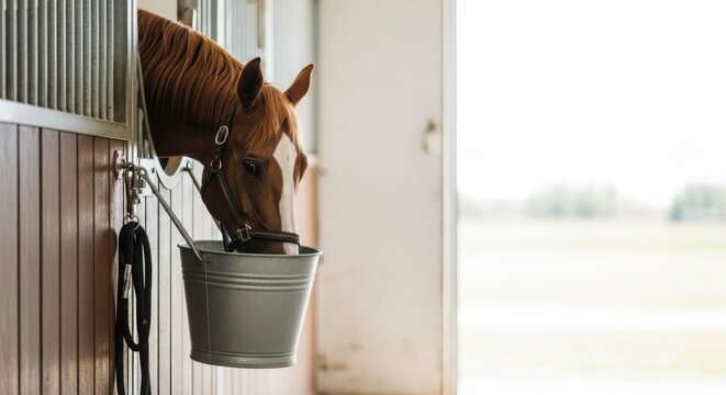 A chestnut horse in a stable eating from a metal bucket, showcasing a moment of calm and sustenance.