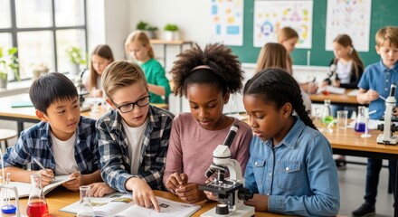 Fototapeta premium Children in a classroom setting, engaged in science experiments.