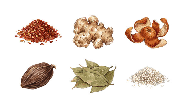 Set of Gourmet Spices and Herbs Watercolor Illustration Featuring Dried Chili Ginger Root Citrus Peel Nutmeg Bay Leaves and Sesame Seeds