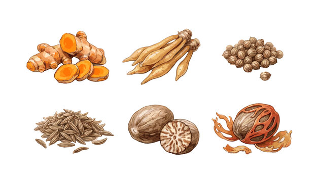 A vibrant 'collection of aromatic spices' in a detailed watercolor illustration, showcasing turmeric, nutmeg, and various culinary ingredients for rich flavor