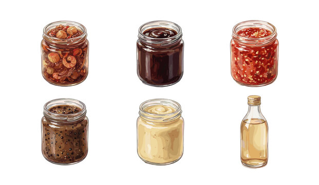 Set of Watercolor Illustration depicting various kitchen sauces, condiments, chili paste, shrimp, and vinegar in glass jars and bottle
