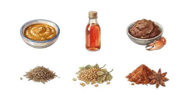 Watercolor Illustration of Asian Condiments, Spices, and Ingredients Including Soybeans, Star Anise, Oil, and Curry Paste