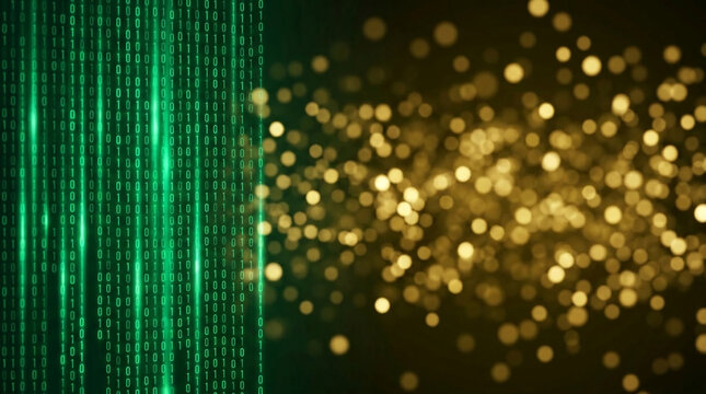 Digital binary code streams in green on the left, merging into a blurred bokeh of golden lights on the right, symbolizing data and illumination