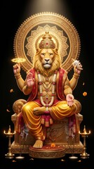 Obraz premium Majestic lion avatar deity seated on an ornate golden throne with glowing sacred symbols and traditional oil lamps against a dark background representing divine power