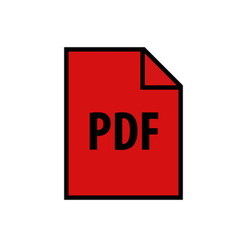 Red PDF file type indicator icon with black outline and bold text isolated on a transparent background
