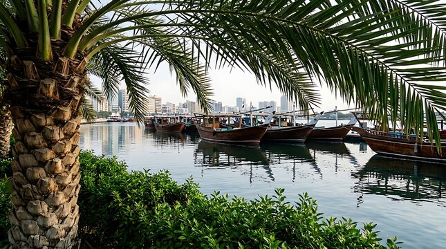 Traditional dhow boats docked at the dubai creek waterfront with modern city skyline in the background, uae