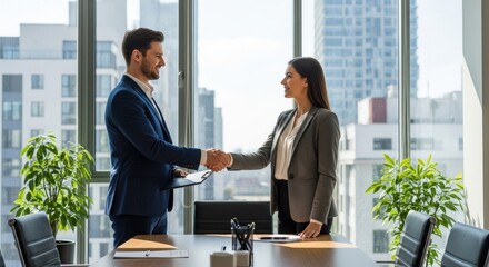 Fototapeta premium Two business professionals shaking hands in a modern office setting.