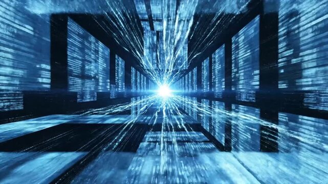 Abstract blue digital data stream tunnel with glowing light