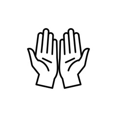 Fototapeta premium Pair of open hands in prayer gesture outline vector illustration with line art, religion