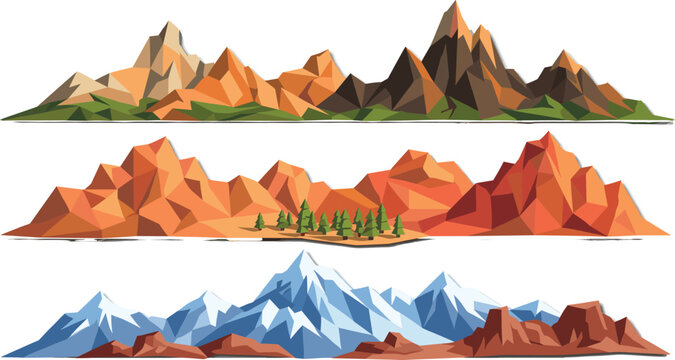 Low Poly Mountain Landscape Collection with Desert Peaks Rocky Ranges and Snowy Alpine Vector Scenes