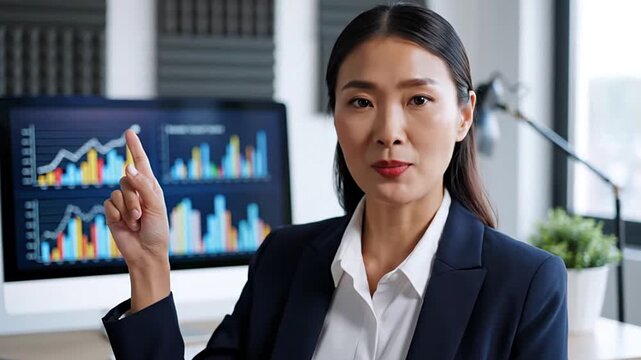 Professional Asian businesswoman leads a virtual presentation on business analytics, discussing data, strategy, and growth. Ideal for remote work, online meetings, and digital communication concepts.