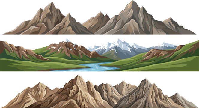 Mountain Landscape Collection with Rocky Peaks River Valley and Snow Covered Ranges Vector Illustration Set
