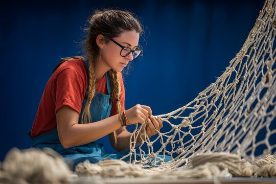 Woman weaving thick rope fishing net by hand in traditional craft setting with focused expression