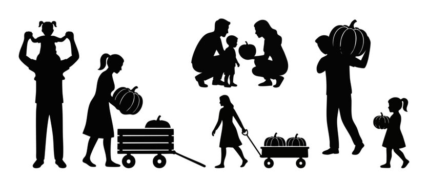 Family pumpkin patch silhouette set featuring parents and children harvesting autumn squash, pulling wagons, and carrying pumpkins. Fall season harvest activity vector graphics isolated on white.