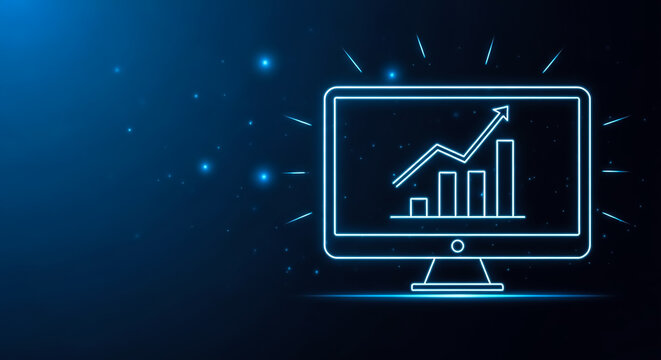 Illustrative stock image of a futuristic computer screen showing a rising bar and line graph with a space-themed backdrop.