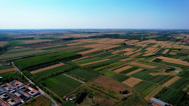 An aerial shot shows patchwork farmlands with varied crops, adjacent rural settlements under a clear sky on flat terrain.