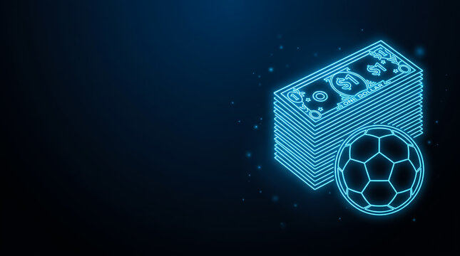 Cyber-themed image showing a glowing soccer ball next to a stack of digital currency and dollar signs.
