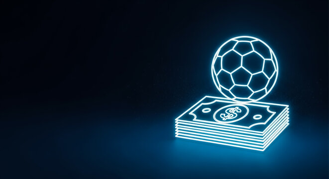 Illustrative graphic showing a glowing soccer ball atop a stack of money, symbolizing sports finance or betting investments.