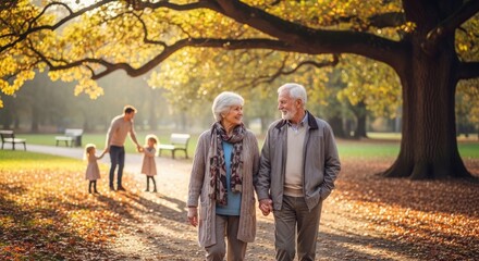 Fototapeta premium An elderly couple walking in a park with children in the background.