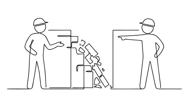 Two builders disagree about which wall to knock down; the wrong one falls