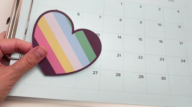 Hand placing a heart with the Disability Pride flag colors on a calendar, inclusivity and awareness concept